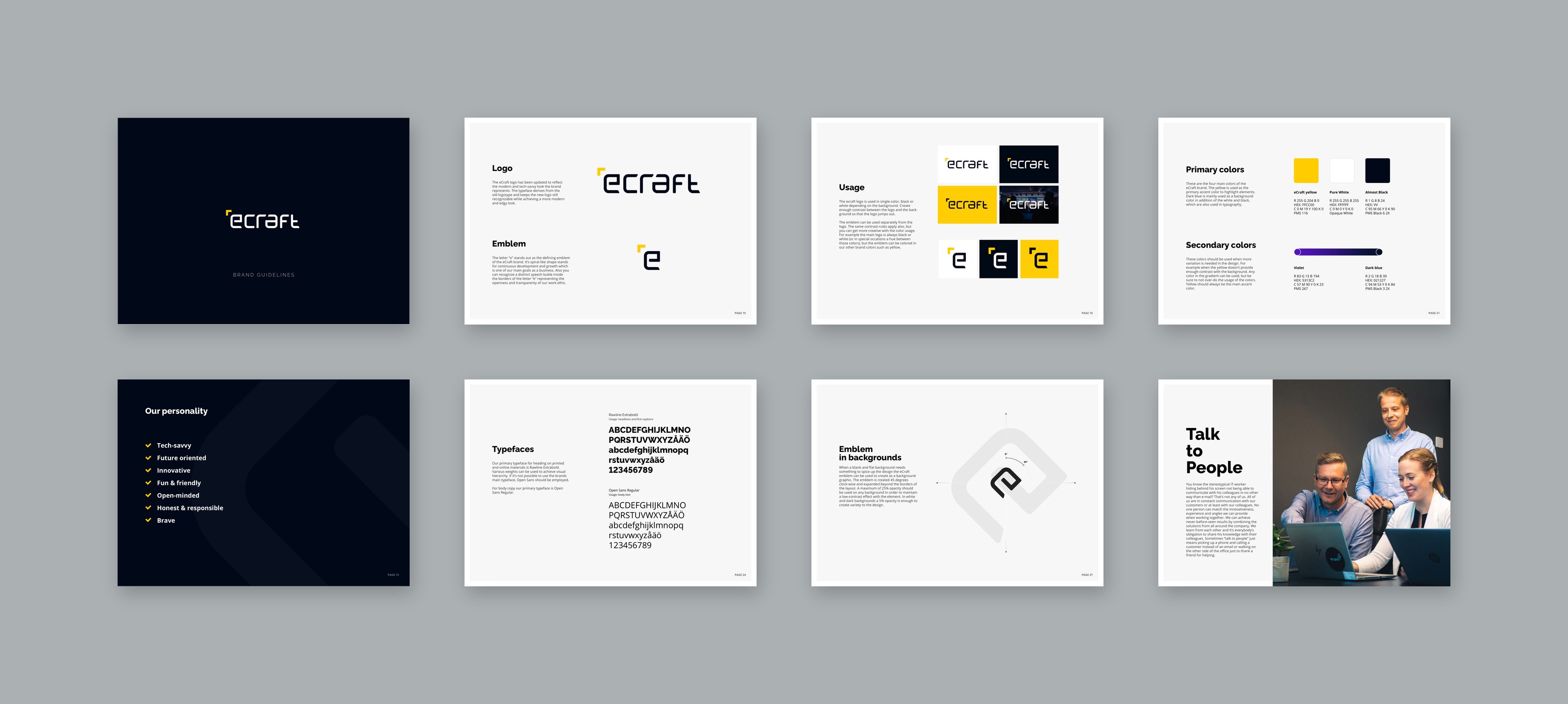 Eight pages from the eCraft 2018 brand guidelines tiled on light grey: cover, logo and emblem, logo usage, colour palette, personality, typefaces, emblem in backgrounds and a values page