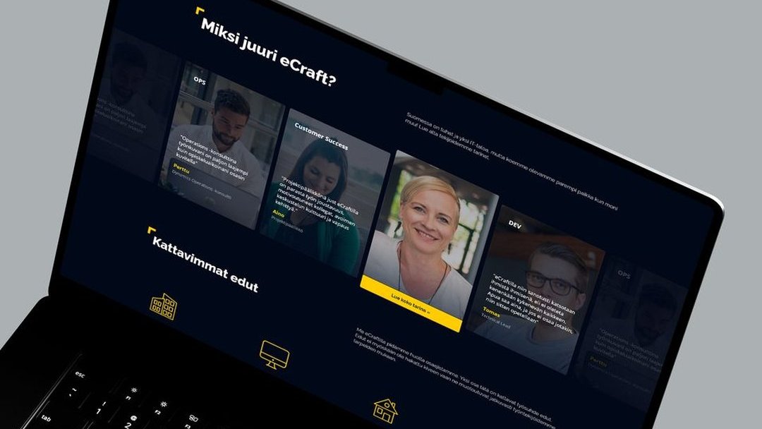 eCraft website shown on a laptop, dark navy UI with yellow accents