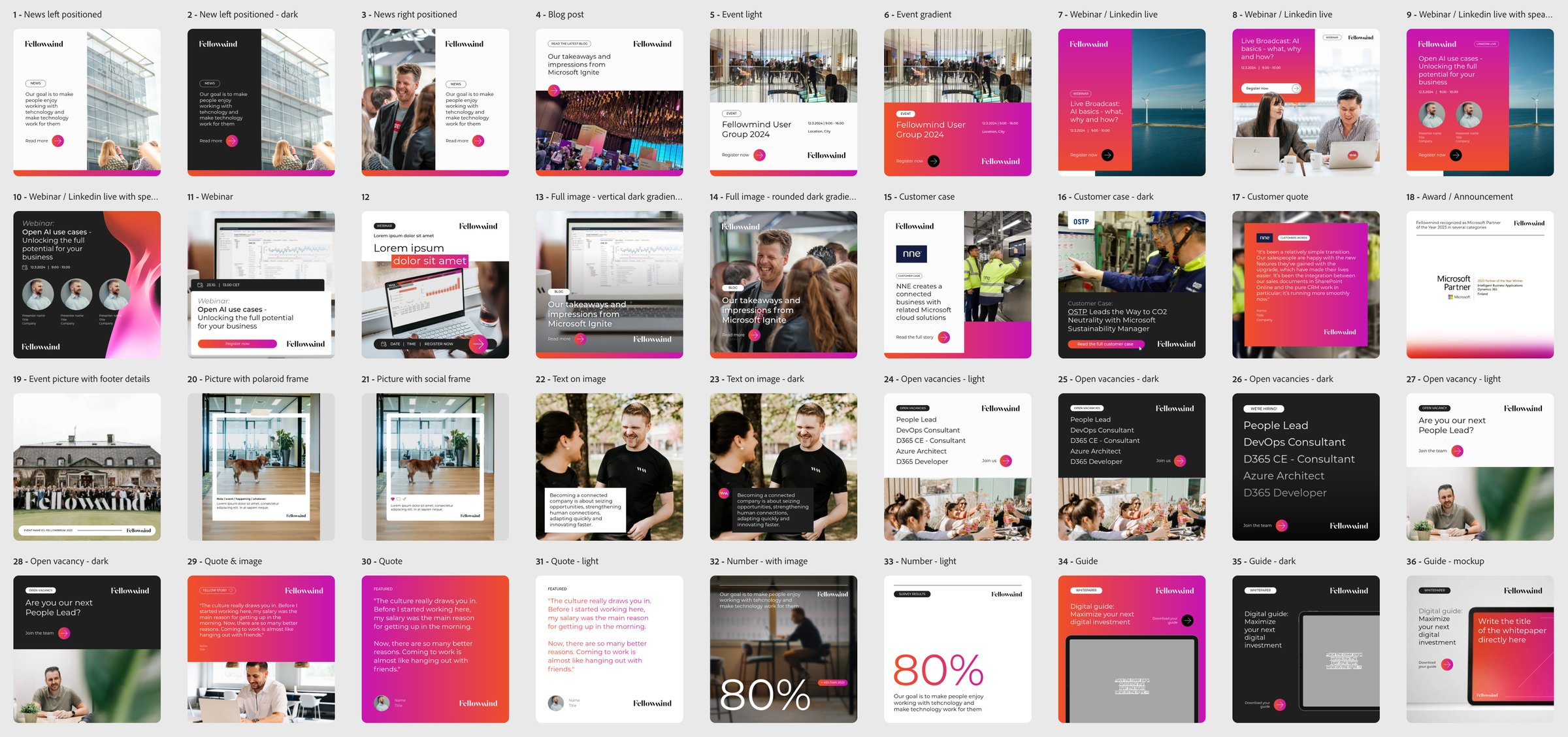 Grid of Fellowmind social media banner templates in light, dark and gradient variants