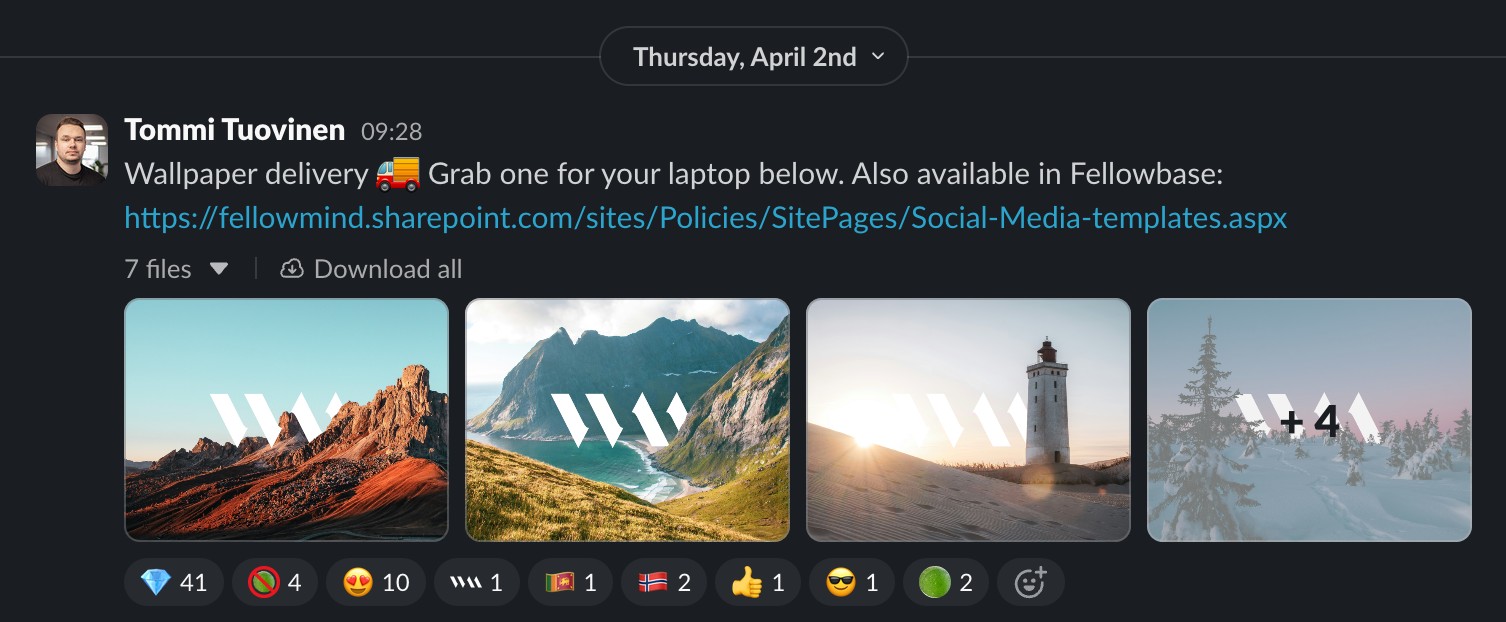 Slack message sharing a pack of Fellowmind laptop wallpapers with the W mark over landscape photos, with lots of emoji reactions