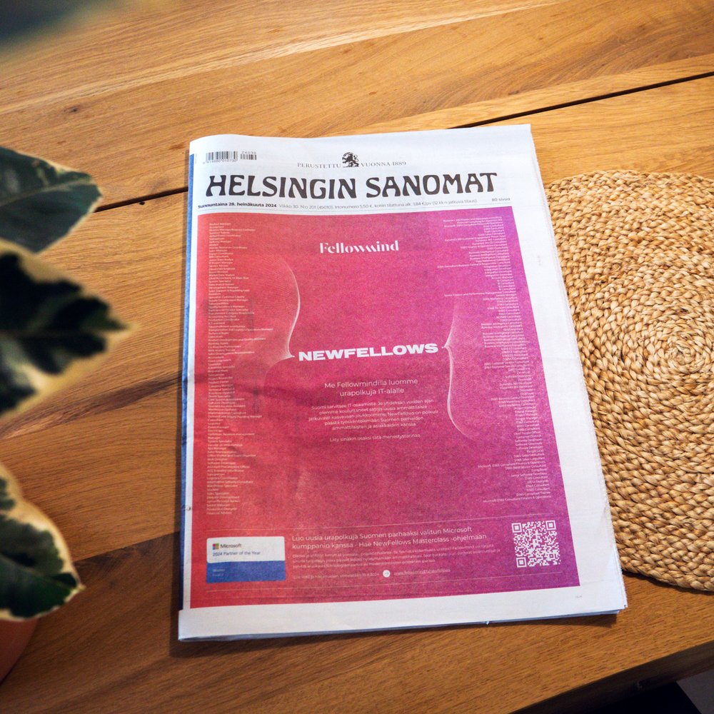 NewFellows campaign as a full-page ad on the front page of Helsingin Sanomat