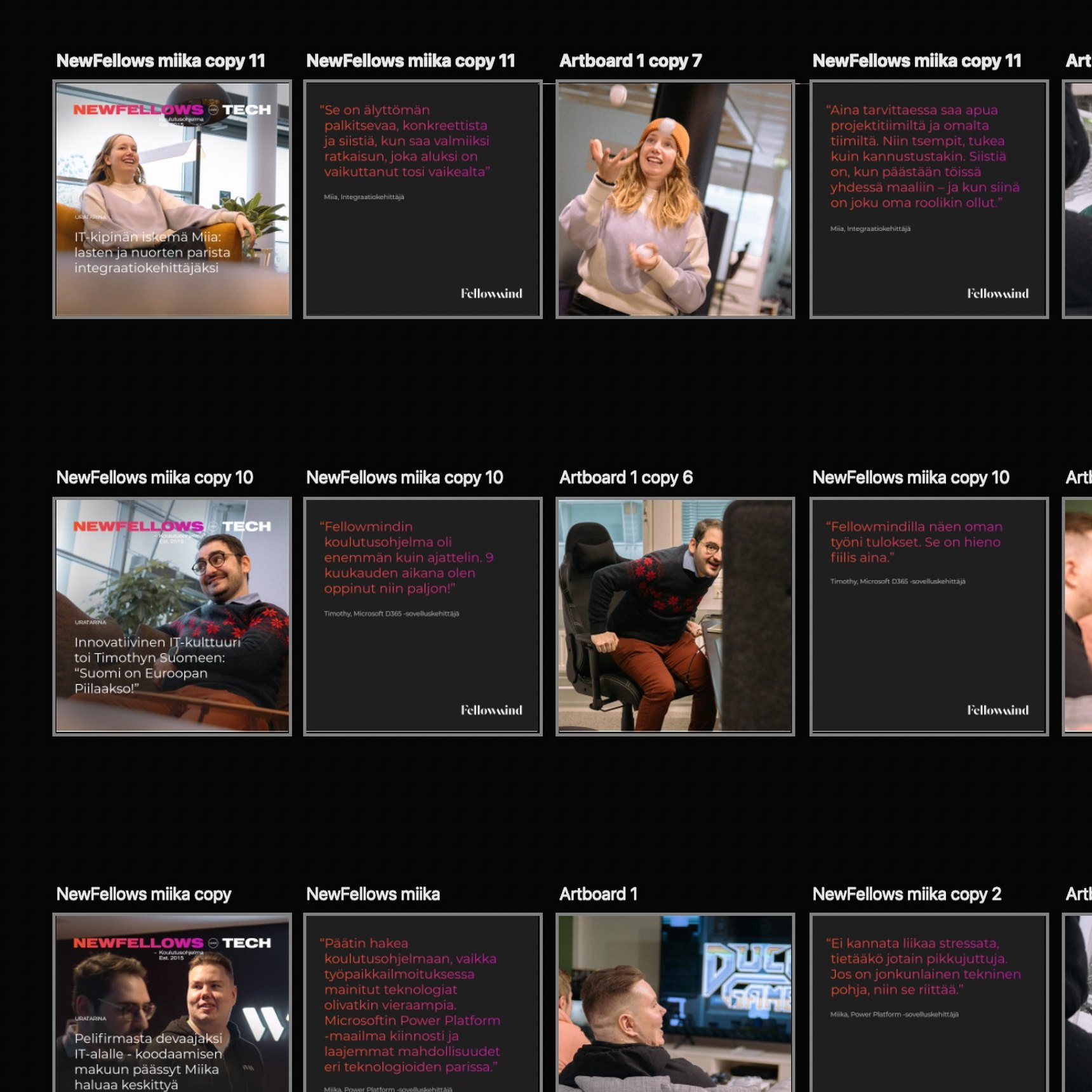 Close-up of the NewFellows career story banners in Photoshop