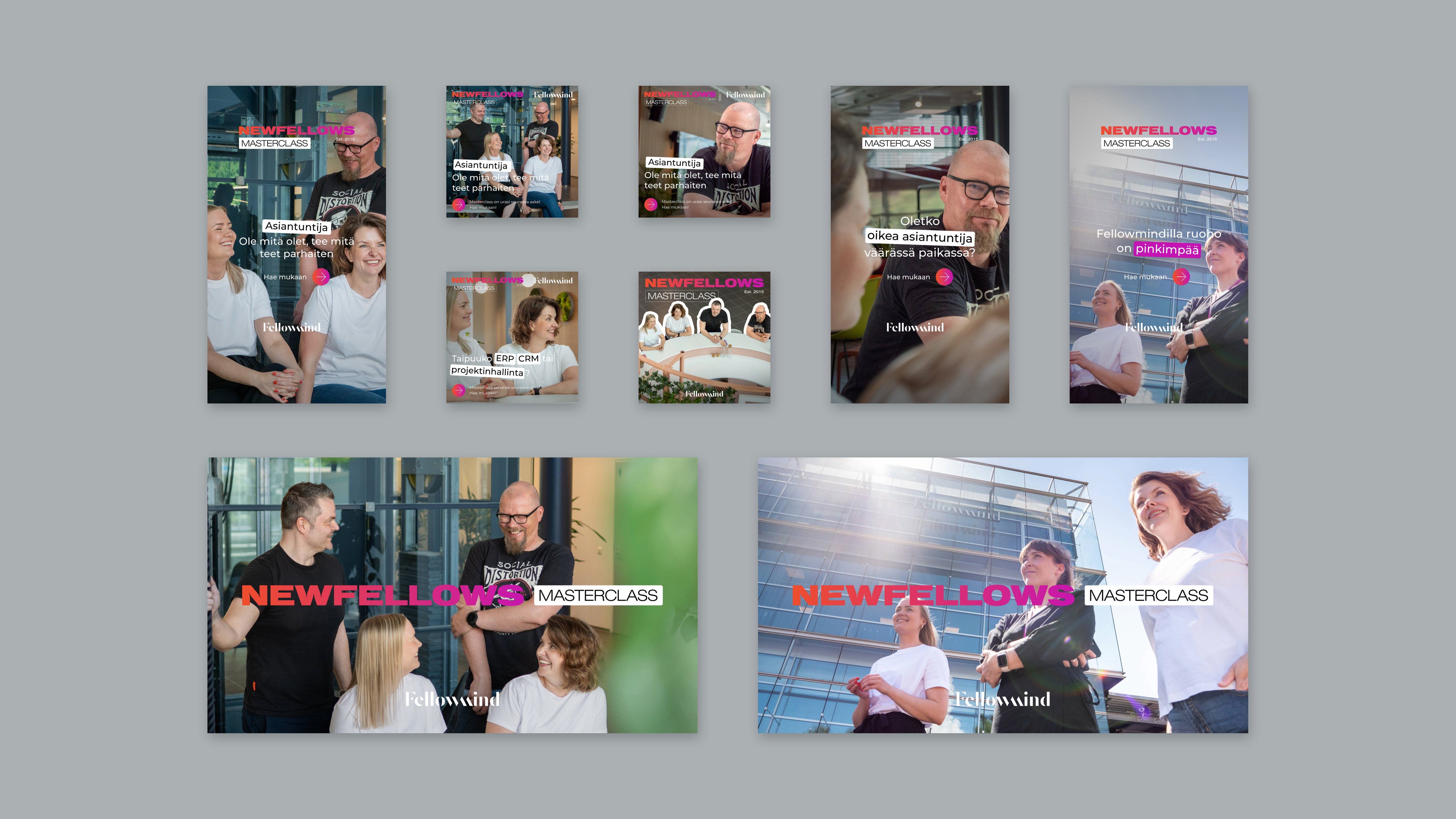 All nine NewFellows Masterclass social media banners arranged on light grey: three vertical story formats, four square posts and two landscape banners