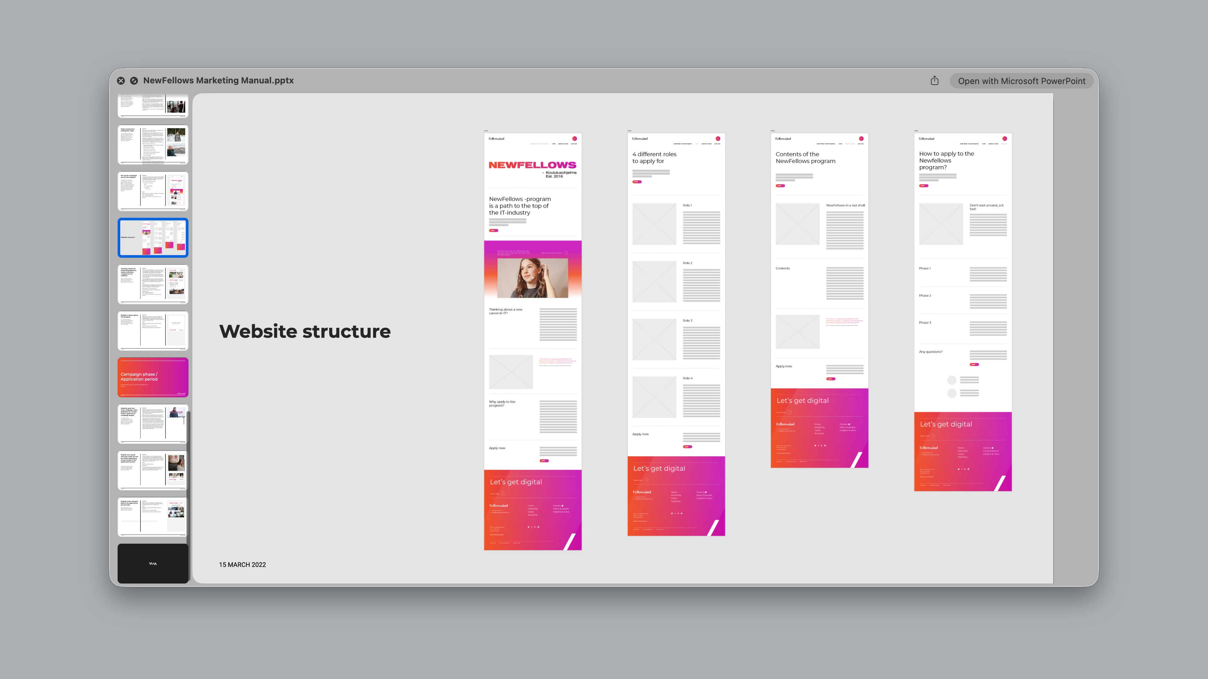 Website structure slide from the NewFellows Marketing Manual in PowerPoint, four page wireframes for the program site